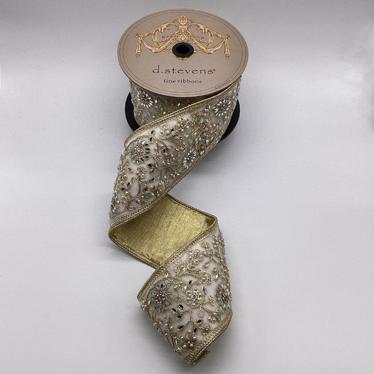 Winter White Velvet Ribbon with Pearl Floral Embroidery