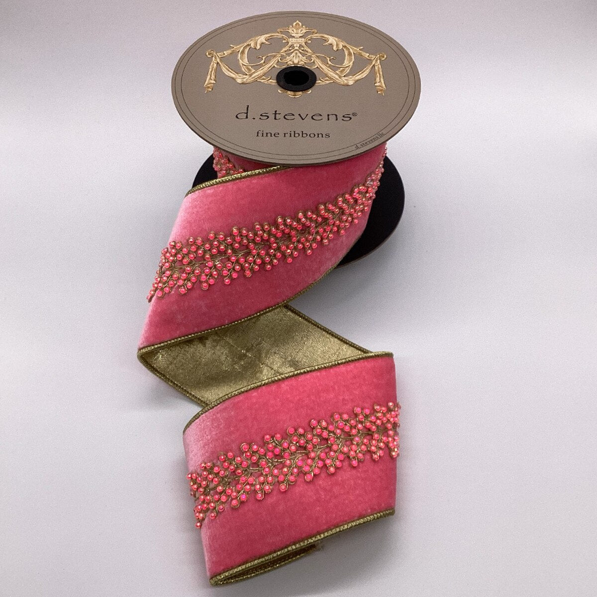 Pink Velvet Bead Center Branch Ribbon 4 Inch x 5 Yards