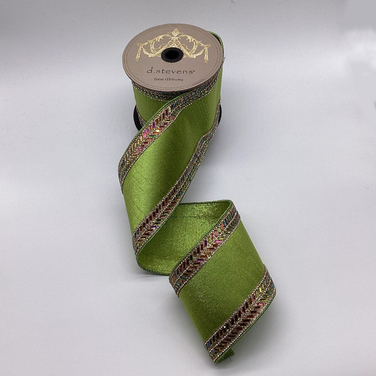 Iris Herringbone Lime Green Metallic Dupion Ribbon 4" x 5 Yds
