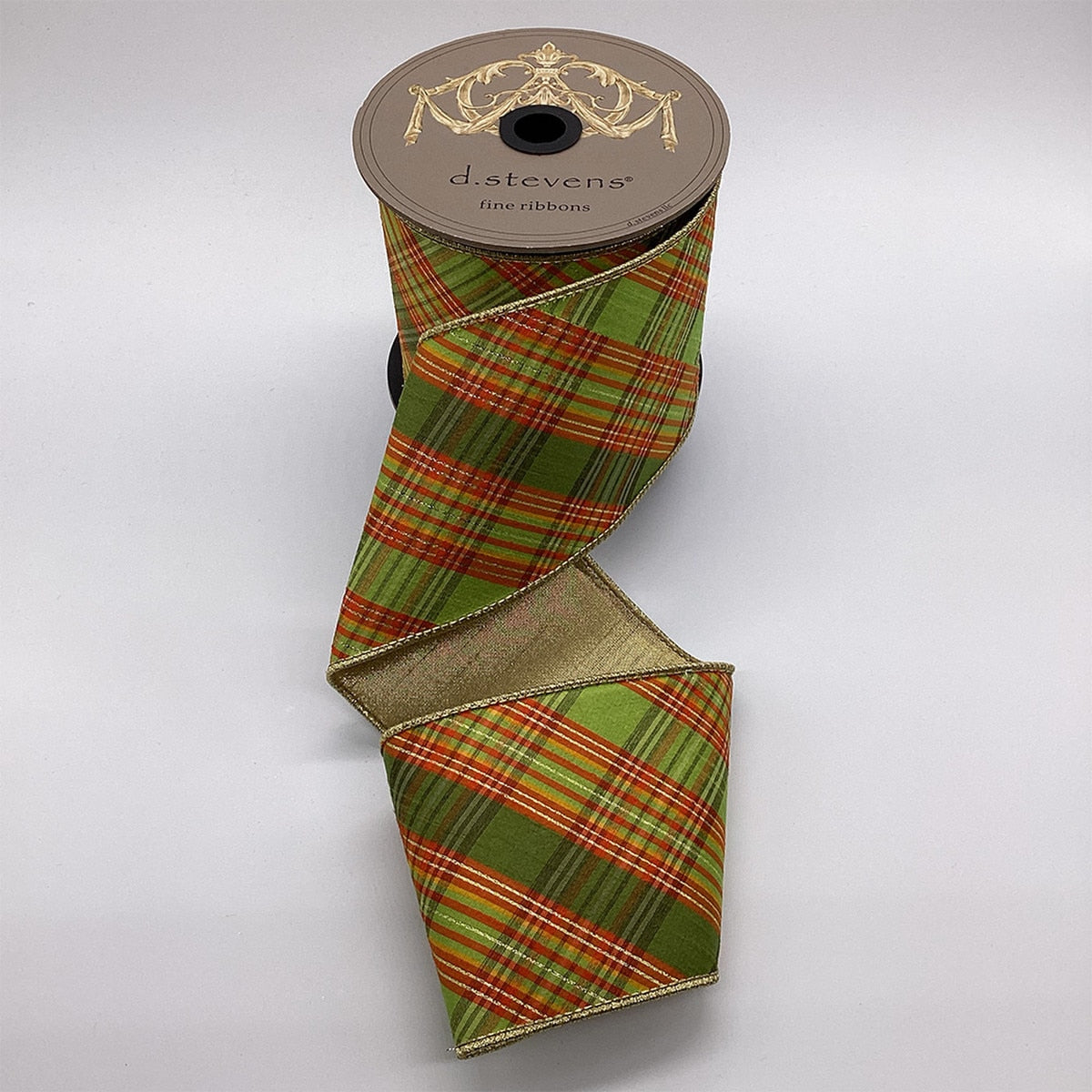 Dupion Ribbon 4 Inch Plaid Olive Gold Orange 10 Yards