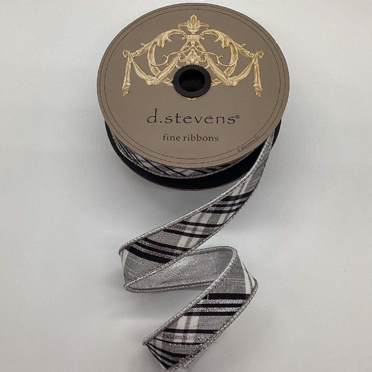 Plaid Dupion Ribbon Black White Silver 1 Inch x 10 Yards