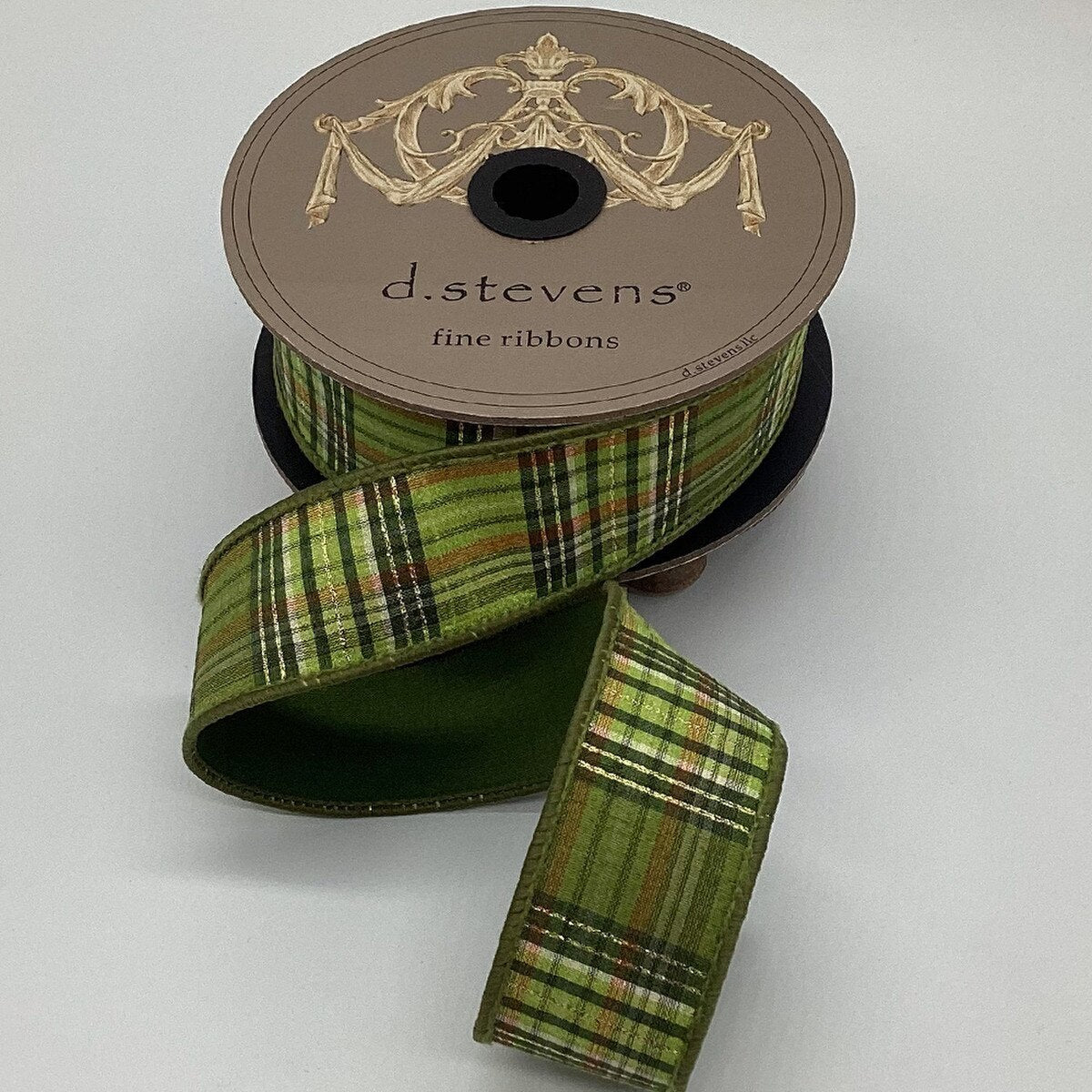 Dupion Gold Lurex Plaid Ribbon Olive Hunter Lime Green 1.5" x 10 Yds