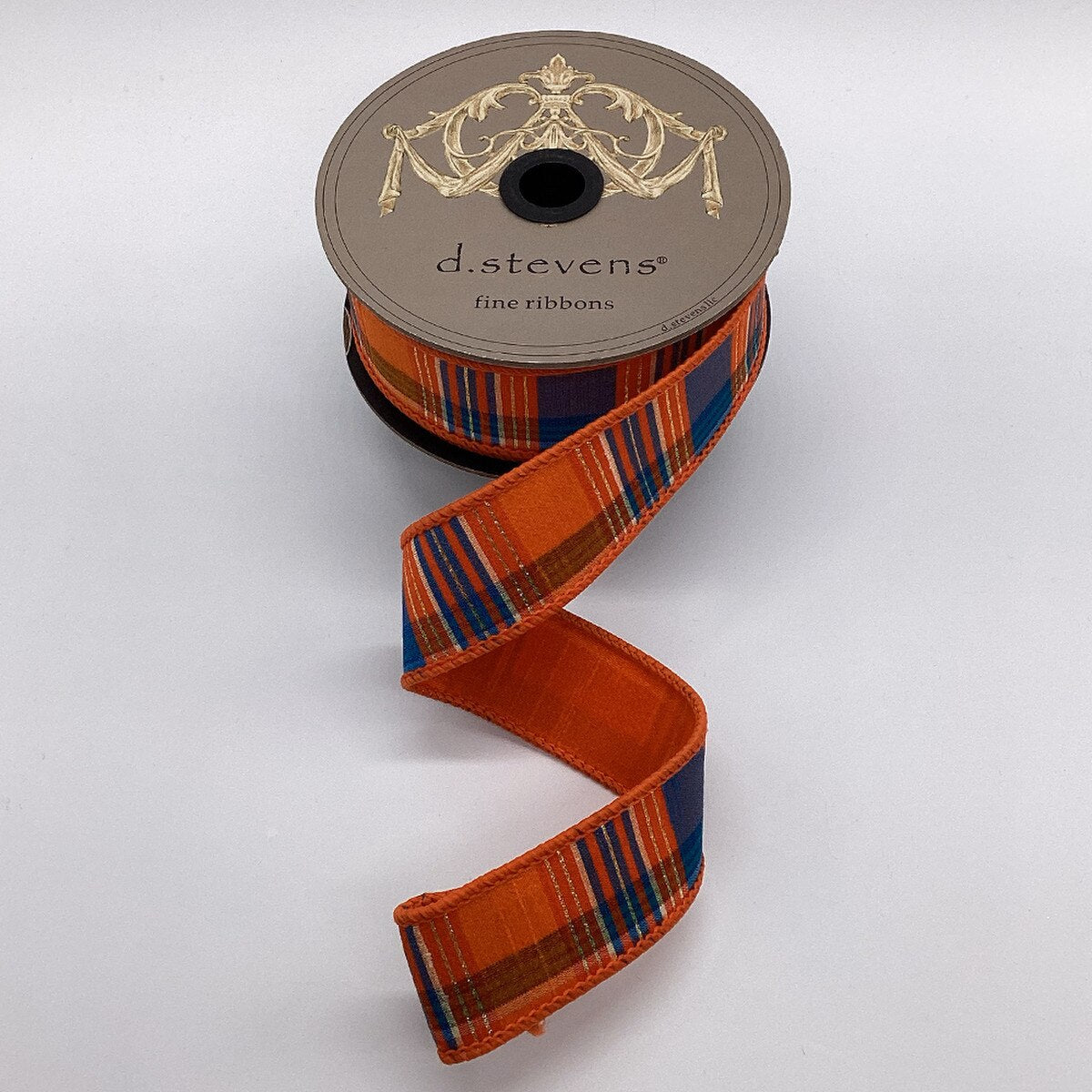 Dupion Gold Lurex Plaid Ribbon Orange White Blue 1.5" x 10 Yds