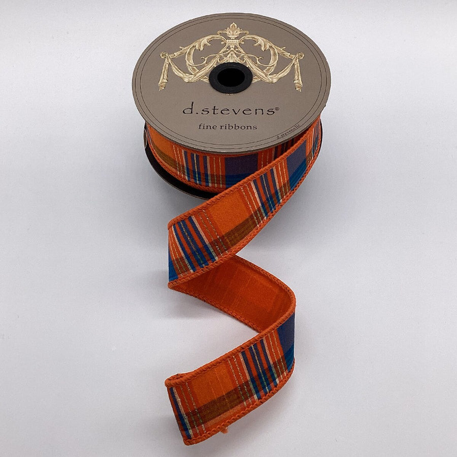 Dupion Gold Lurex Plaid Ribbon Orange White Blue 1.5" x 10 Yds