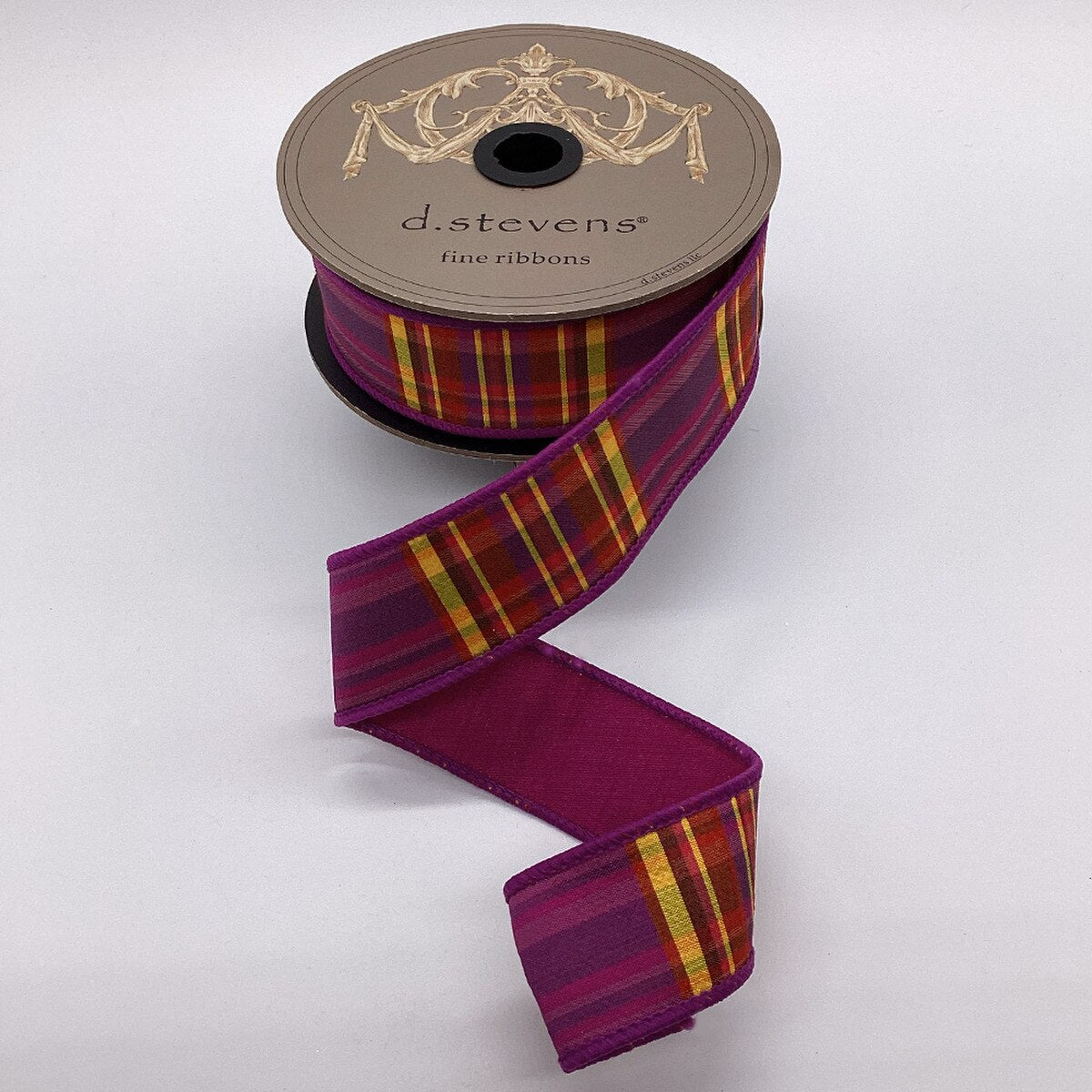 Plaid Dupion Ribbon Plum Purple Mustard 1.5" x 10 Yds
