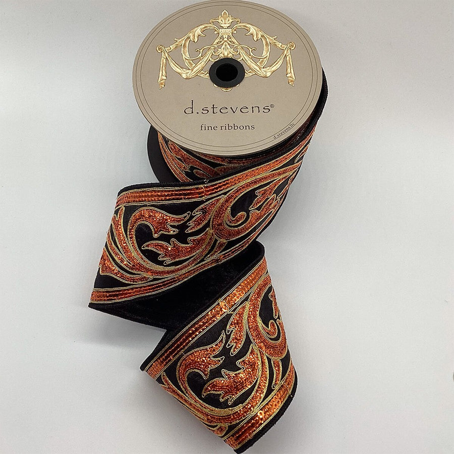 Orange Sequin Acanthus Leaves Metallic Dupion Ribbon 4" x 10 Yds