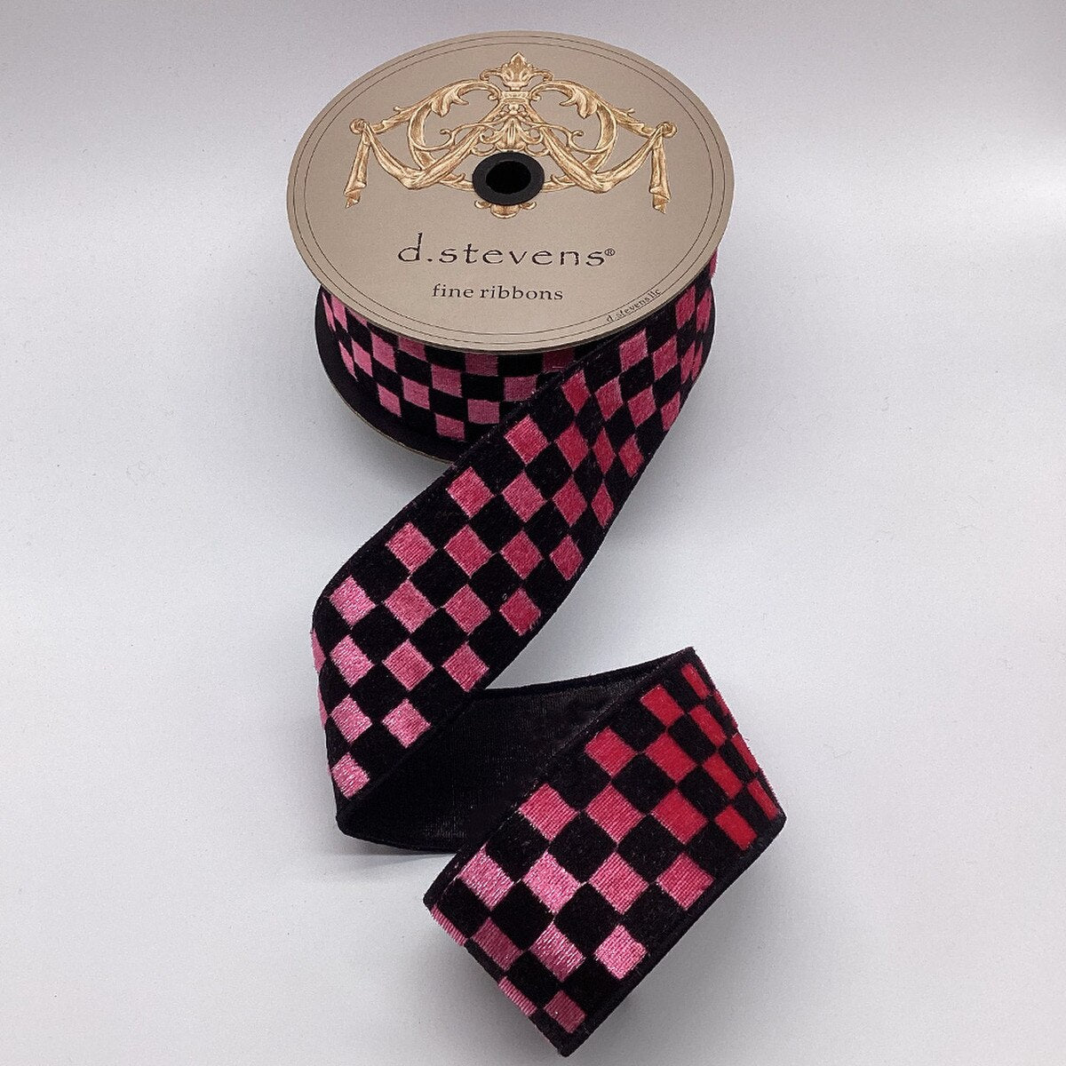 Ice Velvet Check Ribbon Pink Black 2.5 Inch x 10 Yds