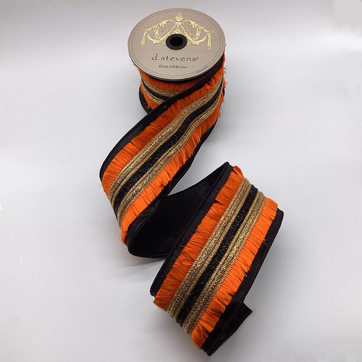 Orange Metallic Dupion Fringe Trim Black Ribbon 3.5" x 5 Yds