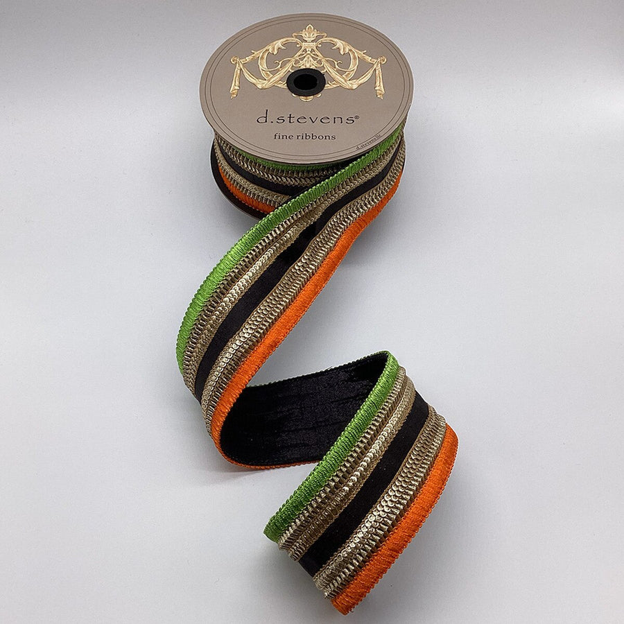 Gold Sequin Side Trim Ribbon Black Orange Lime 2.5" x 5 Yds