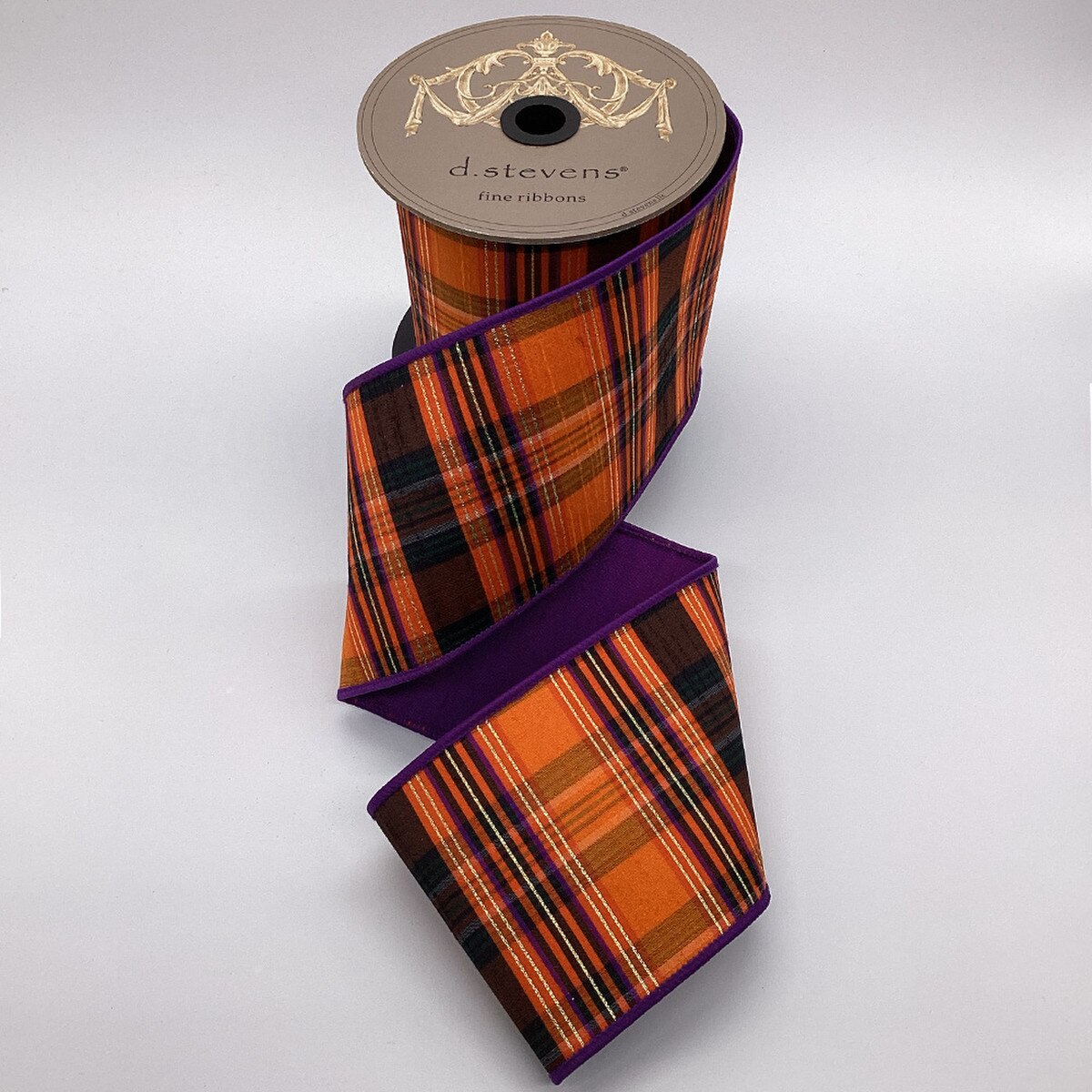 Dupion Ribbon Gold Lurex Plaid Orange Black Purple 4" x 10 Yds