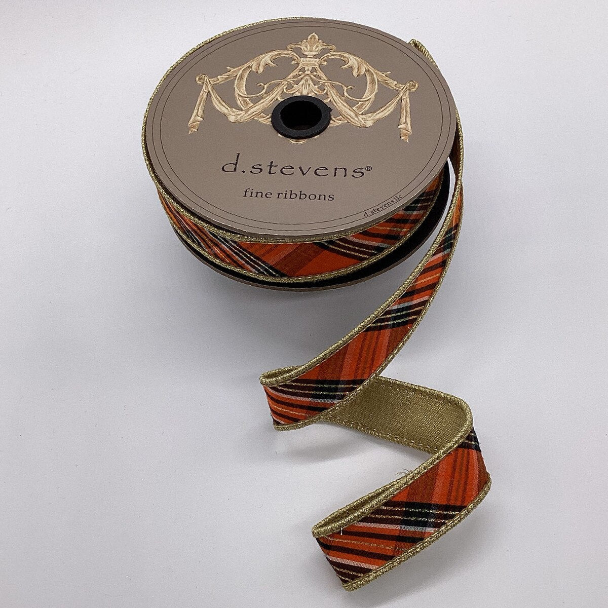 Dupion Plaid Ribbon White Orange Black 1 Inch x 10 Yds