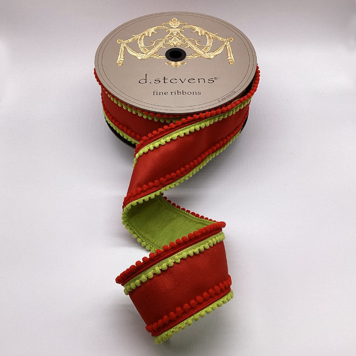 Pom Pom Trim Red Ribbon Dupion Red Lime Green 3" x 10 Yds