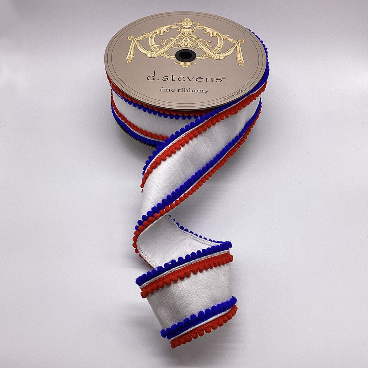 Pom Pom Trim White Ribbon Dupion Red Royal Blue 3" x 10 Yds