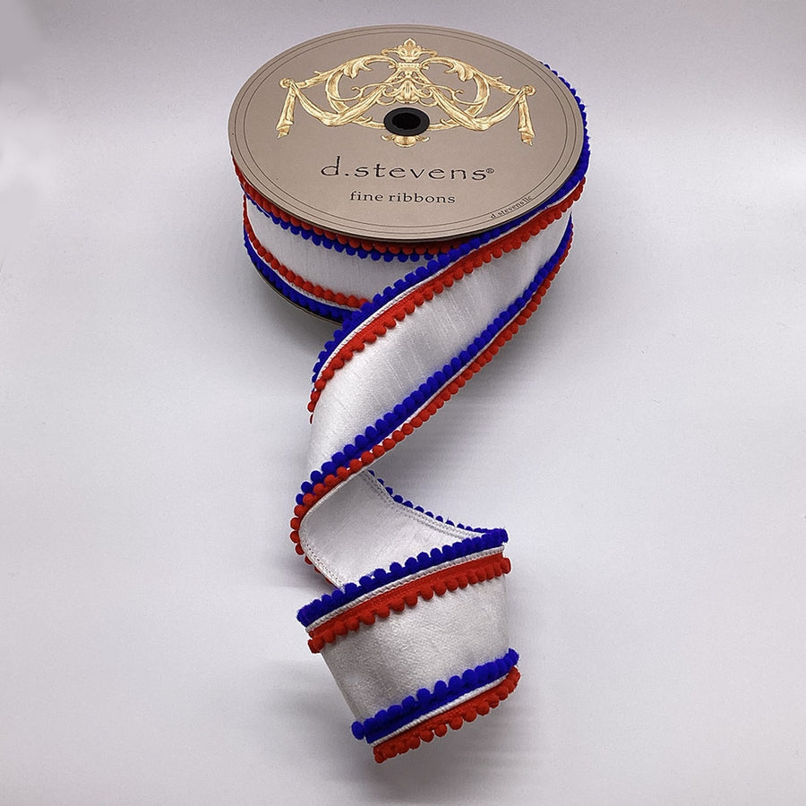 Pom Pom Trim White Ribbon Dupion Red Royal Blue 3" x 10 Yds