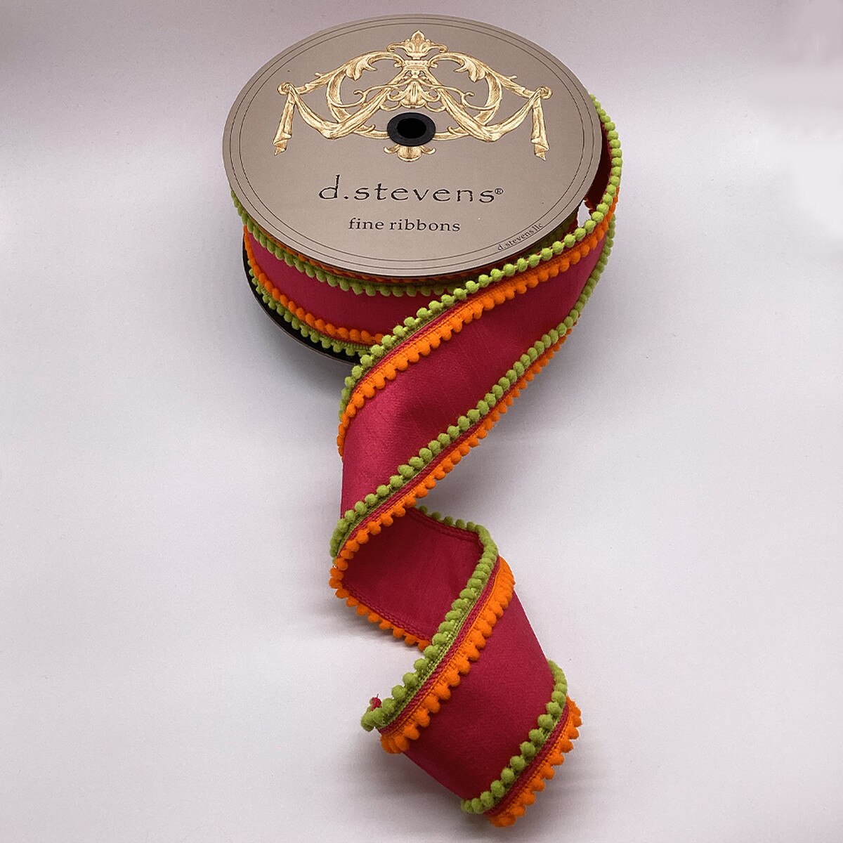 Dupion Ribbon Hot Pink with Lime Orange Pom Pom Trim 3" x 10 Yds
