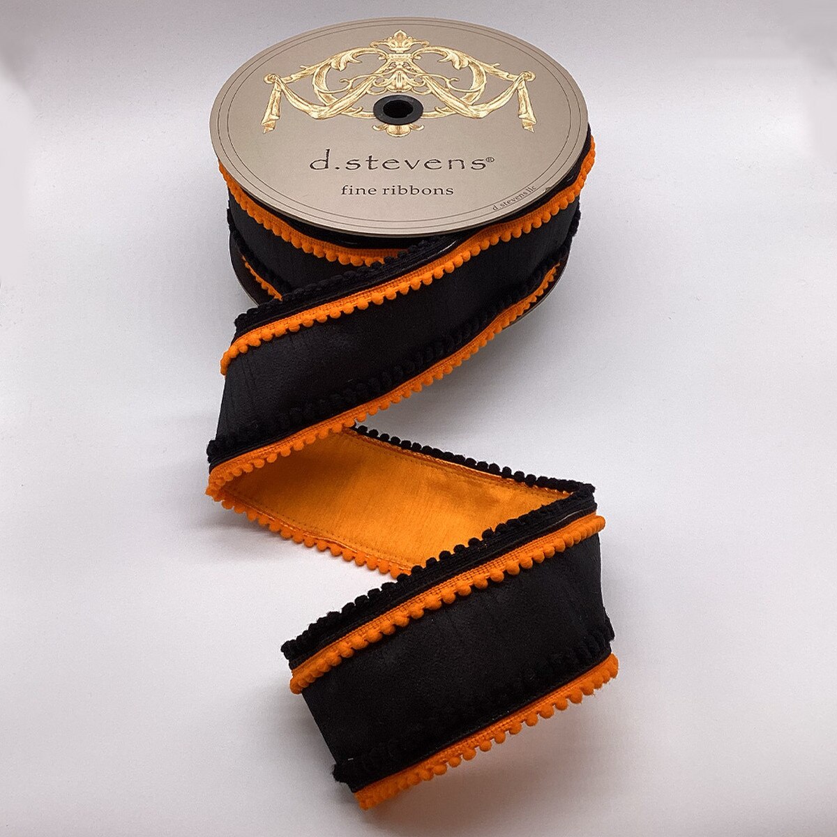 Dupion Black Ribbon with Orange Pom Pom Trim 3" x 10 Yds