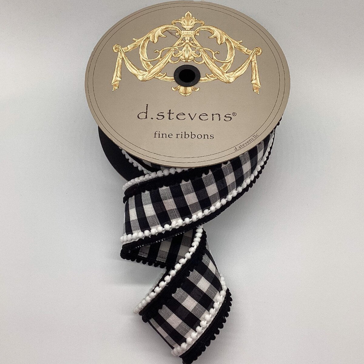 Dupion Check Ribbon with Pom Pom Trim in Black and White
