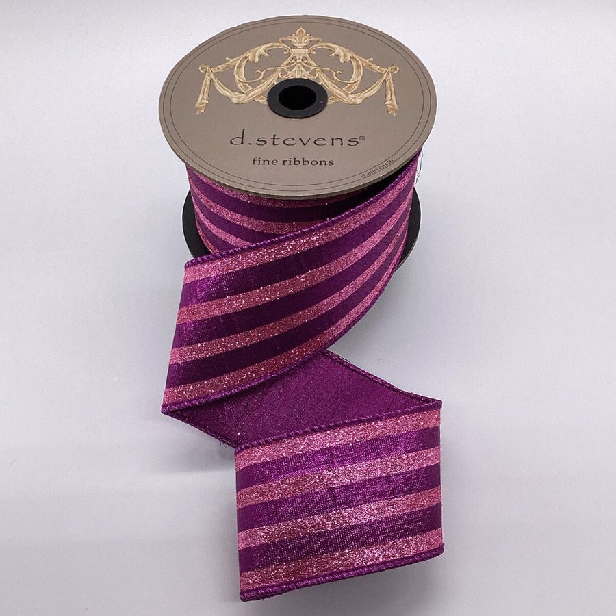 Pink Glitter Stripes Purple Ribbon Metallic Dupion 2.5" x 10 Yds