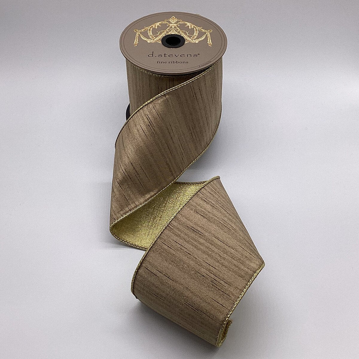 Metallic Gold Back Taupe Slub Dupion Ribbon 4" x 10 Yds
