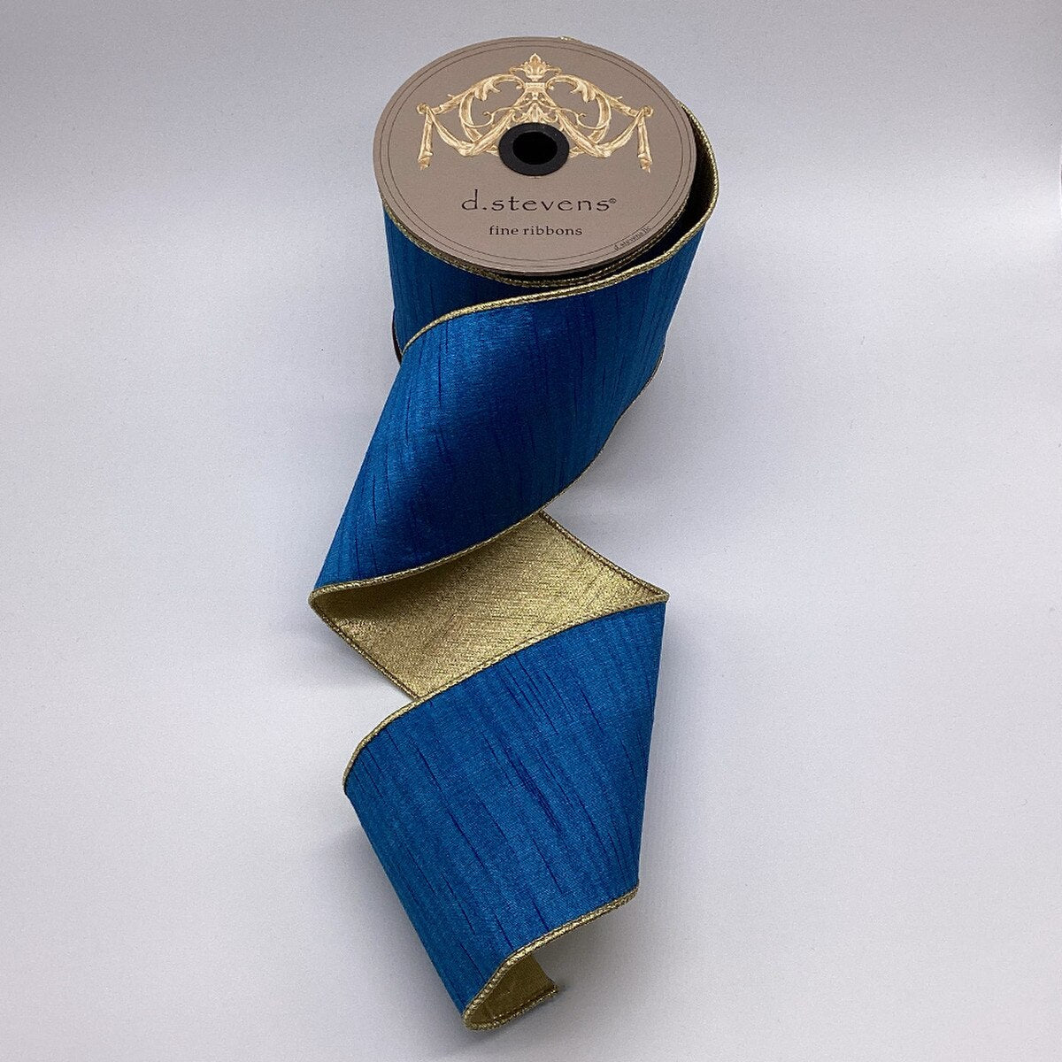 Peacock Blue Ribbon Slub Dupion Metallic Gold Back 4" x 10 Yds