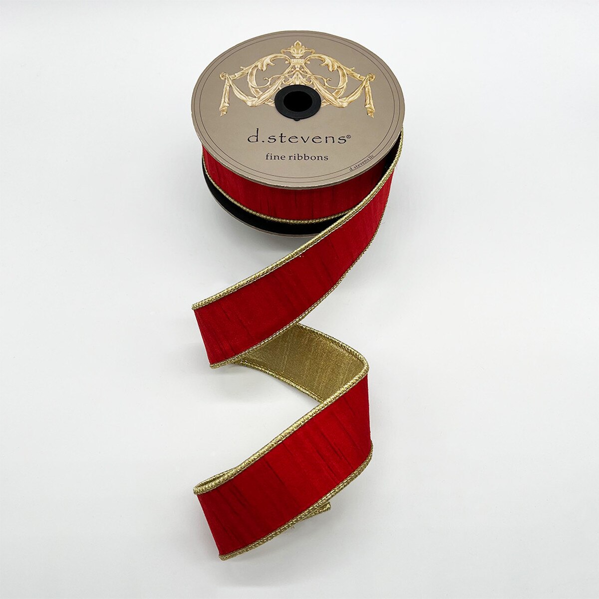 True Red Ribbon Slub Dupion Metallic Gold Back 1.5" x 10 Yds