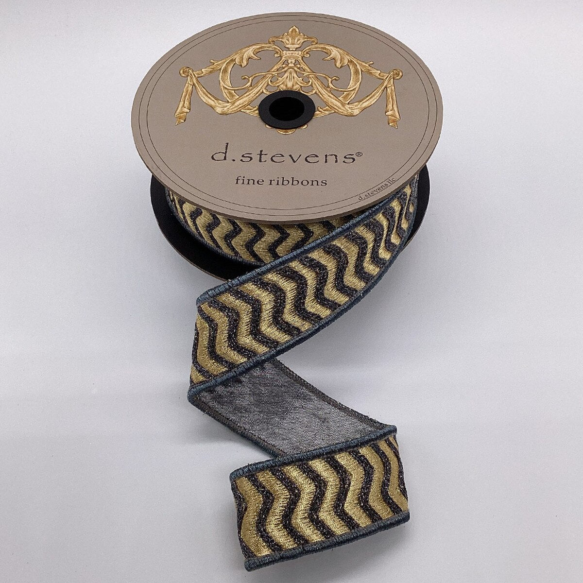 Gold Ribbon Metallic Pewter Chevron Wave Pattern 1.5" x 10 Yds
