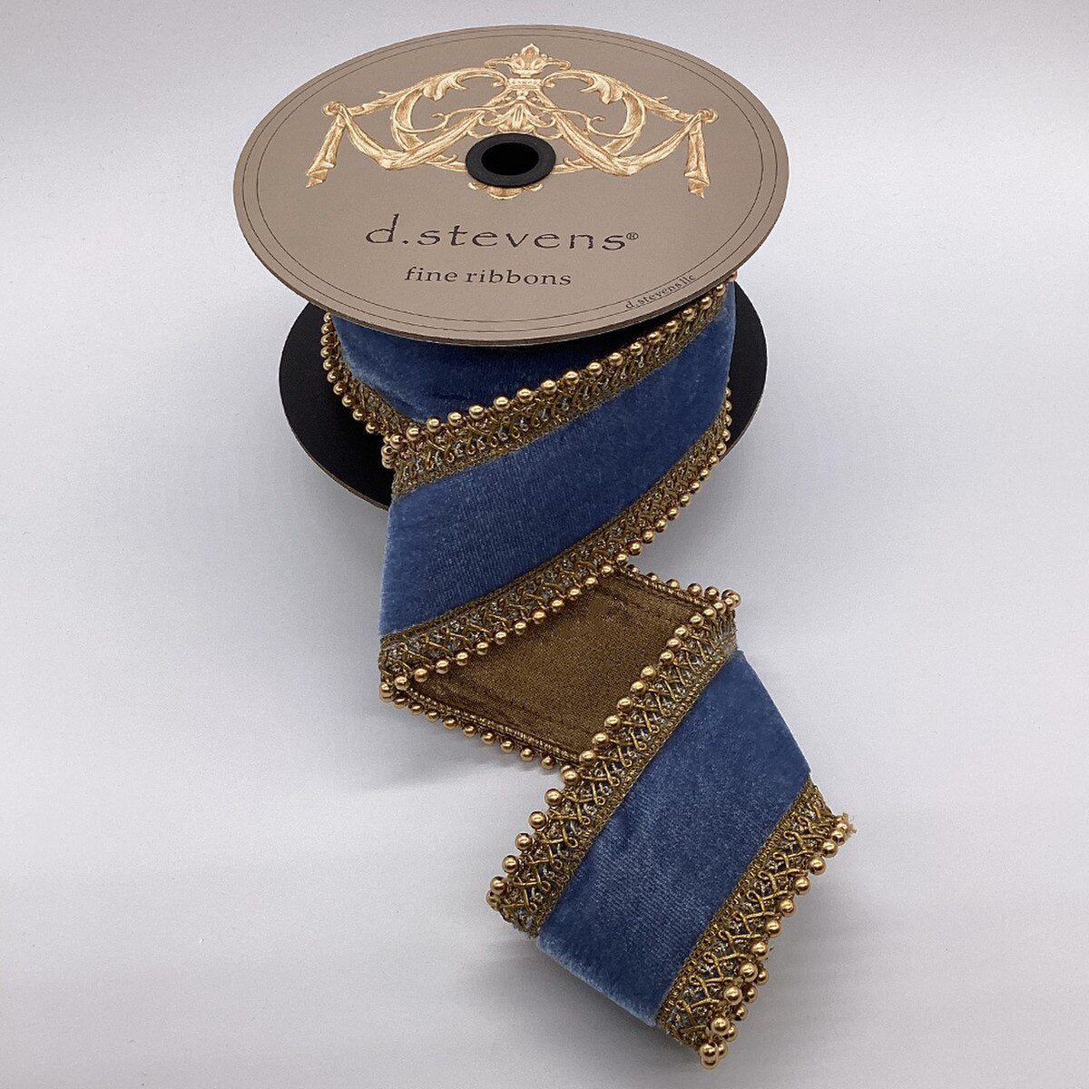 Dusty Blue Velvet Ribbon with Antique Gold Bead Trim