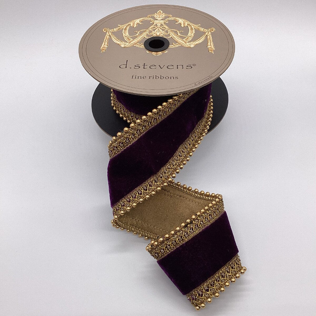 Aubergine Velvet Ribbon with Antique Gold Bead Trim 2.5" x 5 Yds