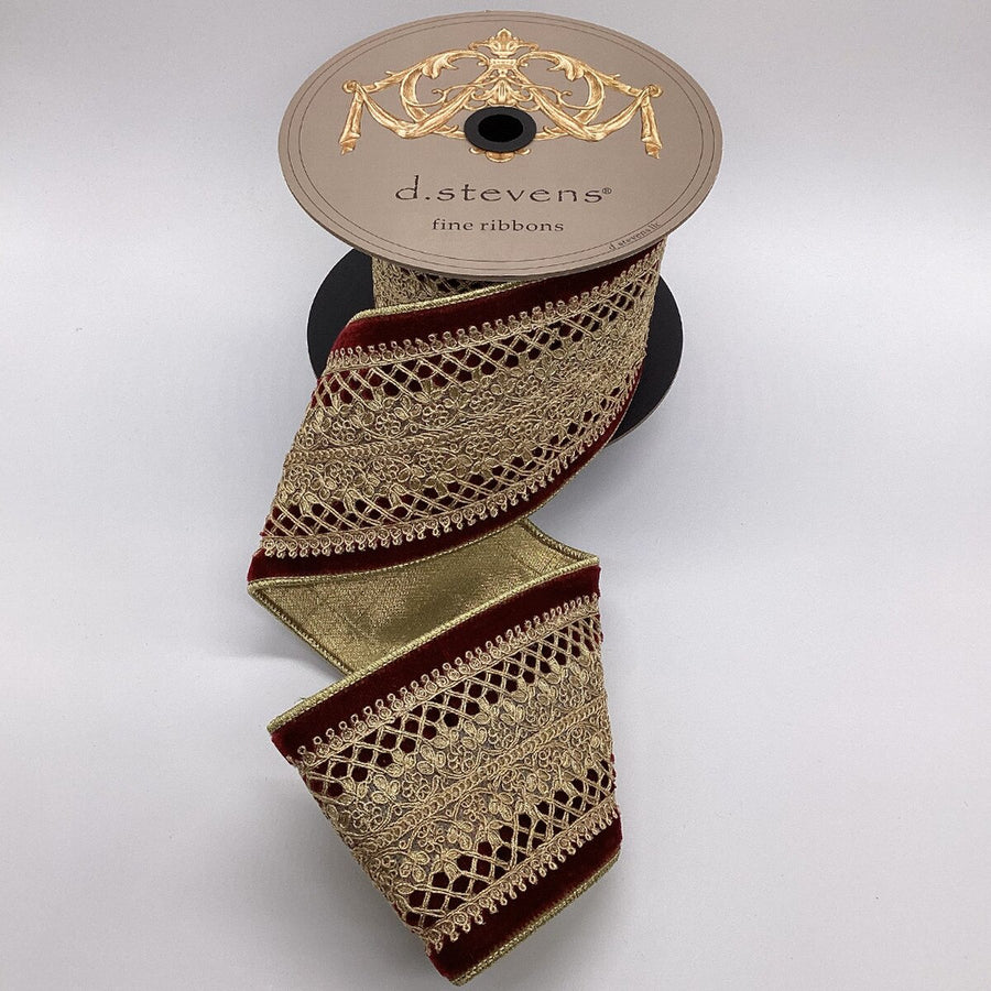 Burgundy Velvet Gold Baroness Center Trim Ribbon 4" x 5 Yds