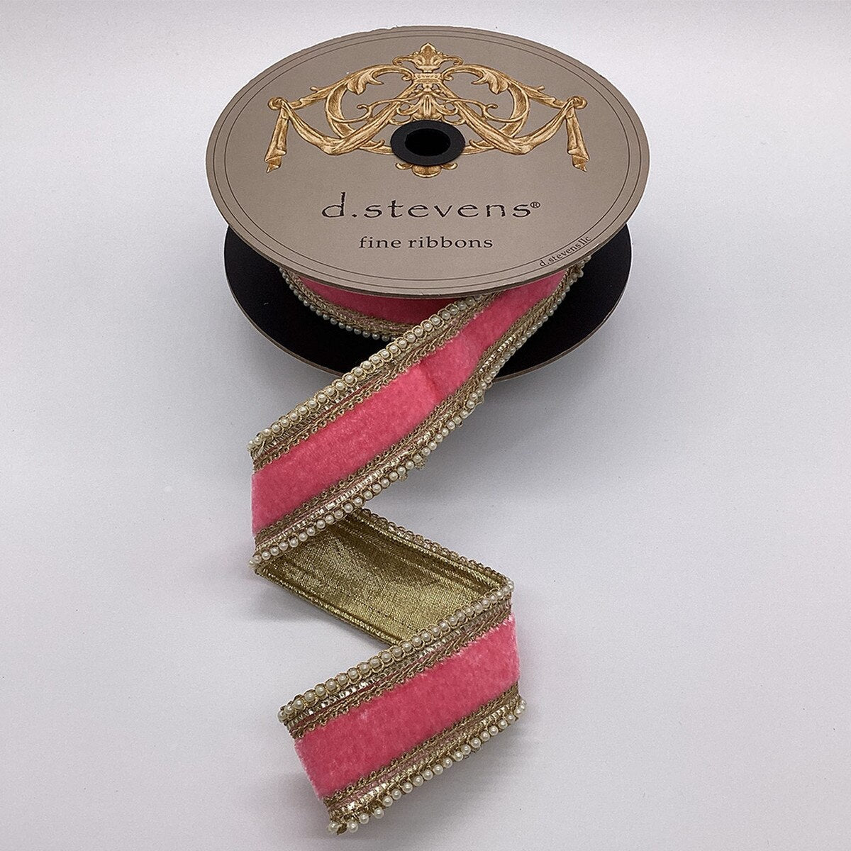 Pink Lemonade Velvet Ribbon with White Pearl Trim 1.5" x 5 Yds