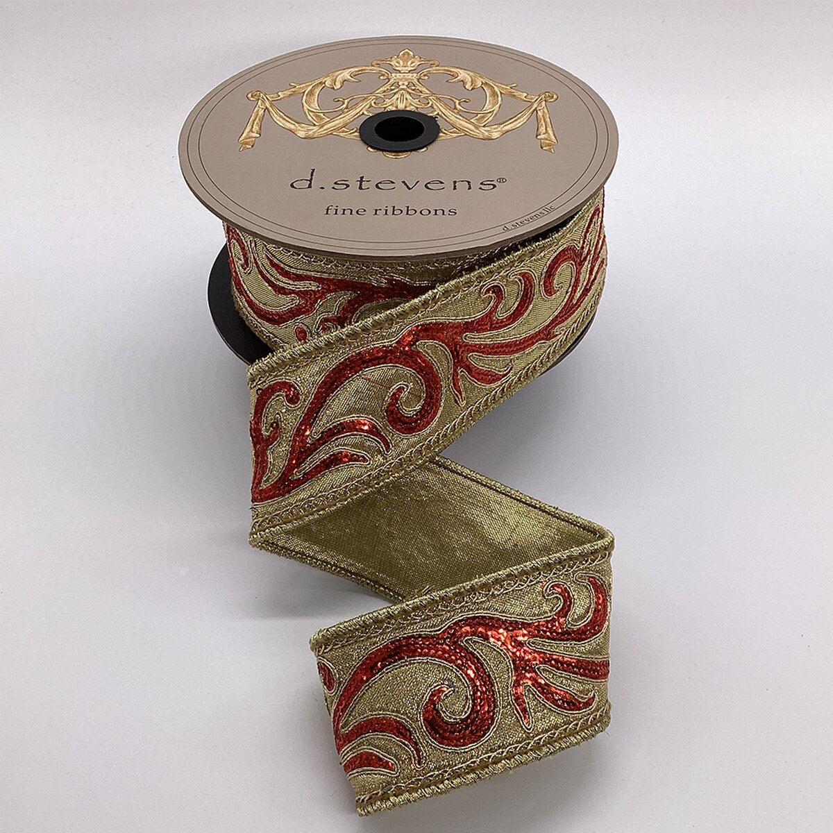 Red Sequin Scroll Gold Ribbon Metallic Dupion 2 Inch x 10 Yds