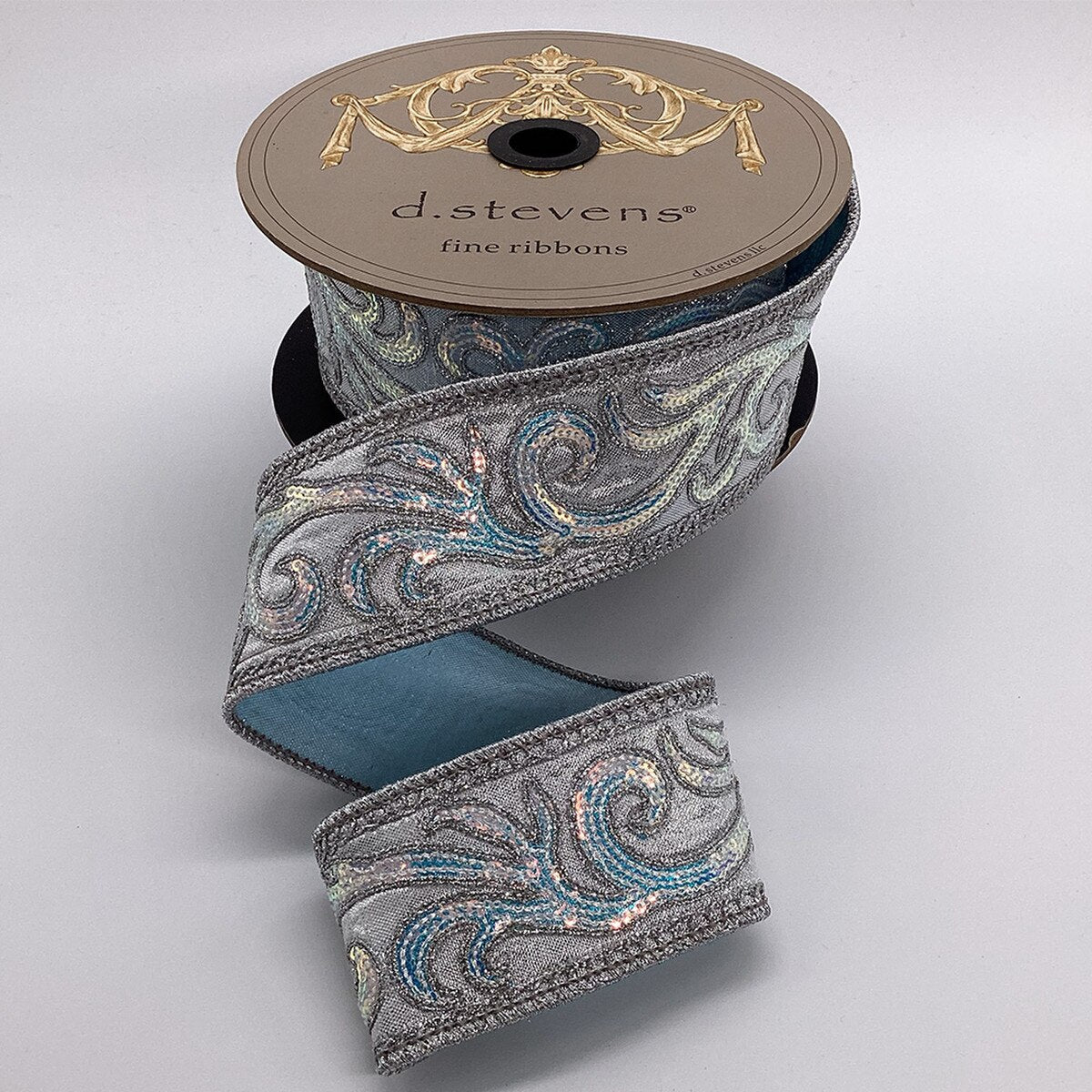 Iridescent Sequin Scroll Silver Ribbon 2 Inch x 10 Yards