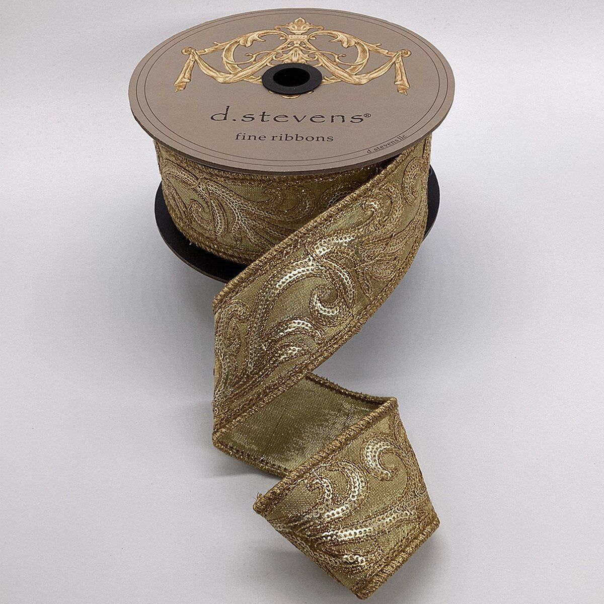 Gold Sequin Scroll Metallic Dupion Ribbon 2 Inch x 10 Yds