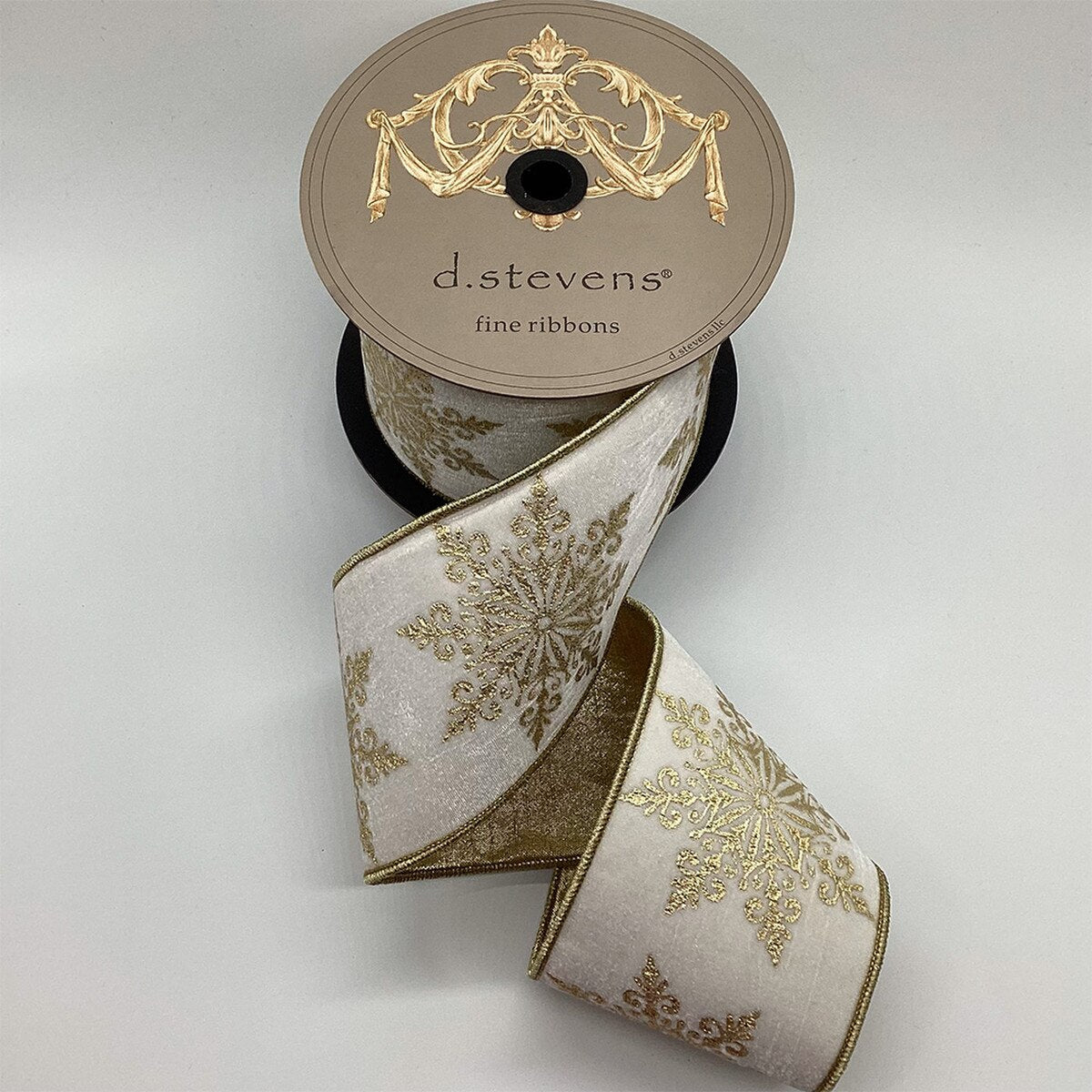 Winter White Velvet Ribbon with Gold Foil Snowflakes 4" x 10 Yds