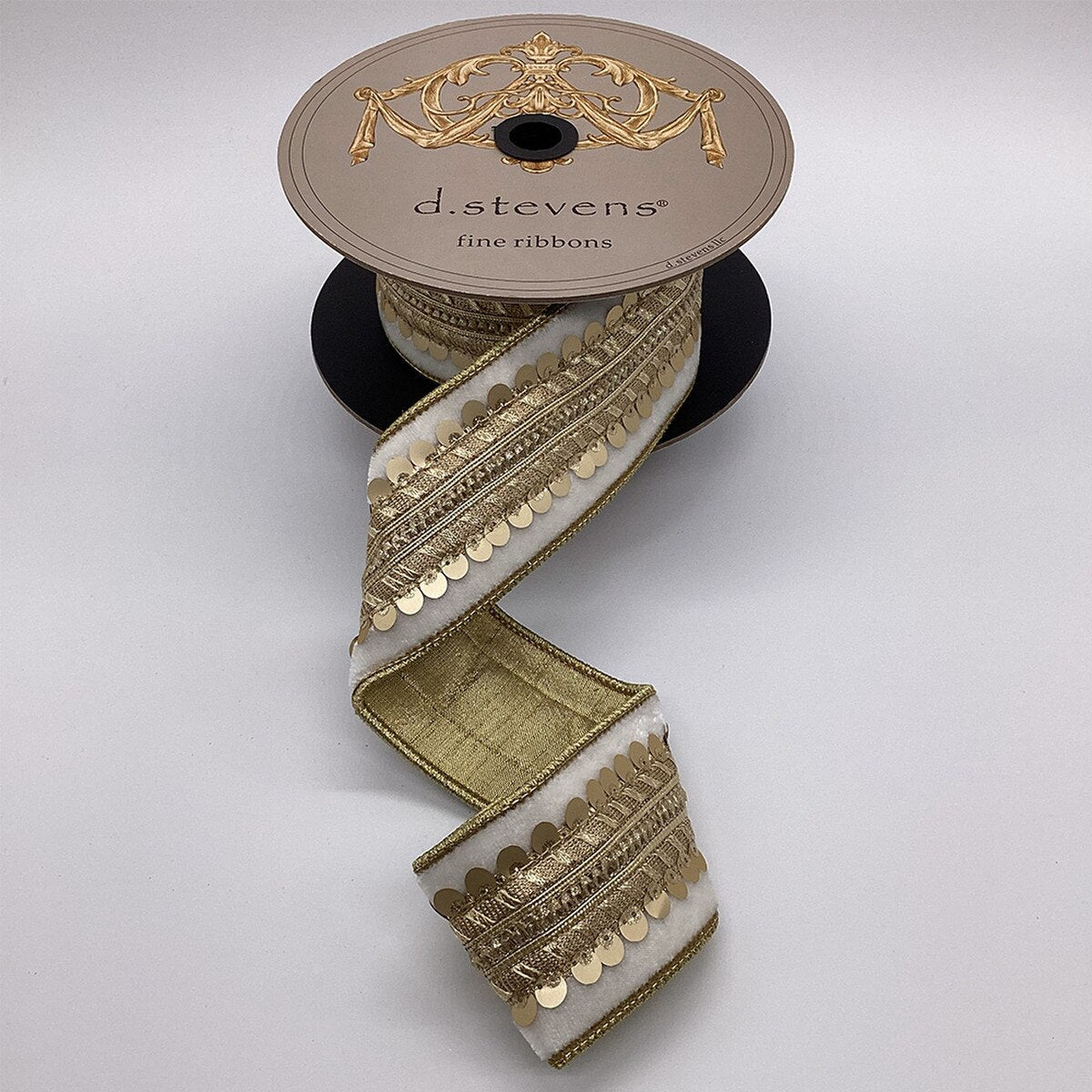 Winter White Ribbon with Light Gold Sequin Trim 2.5" x 5 Yds