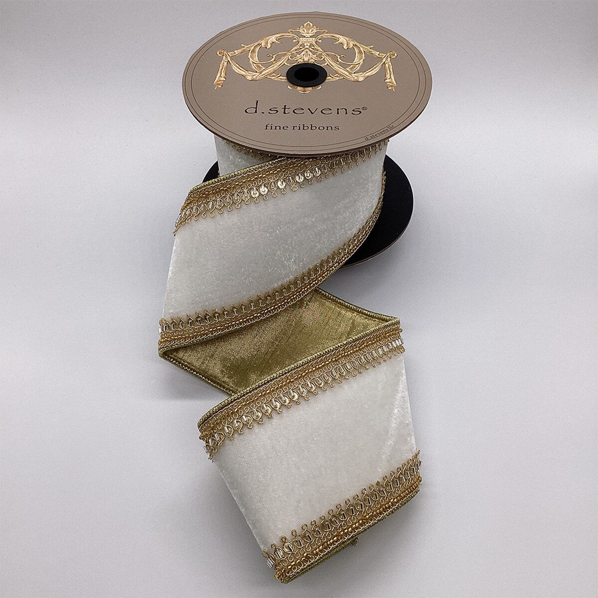 Winter White Velvet Ribbon with Light Gold Sequin Beads
