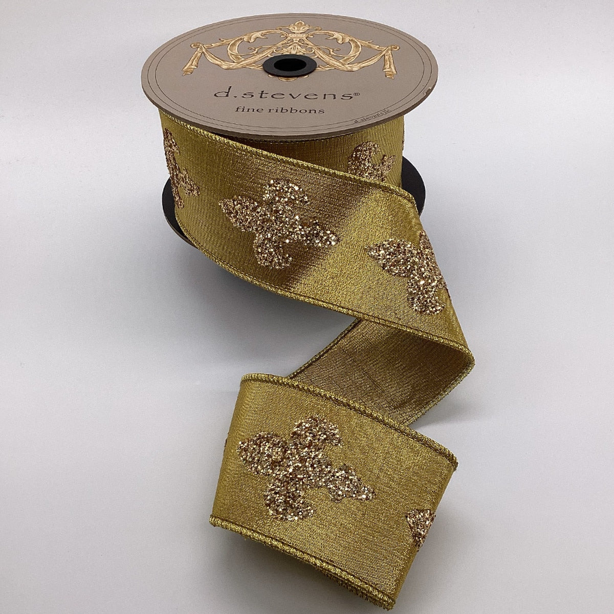 Gold Glitter Fleur De Lis Metallic Dupion Ribbon 2.5" x 10 Yds