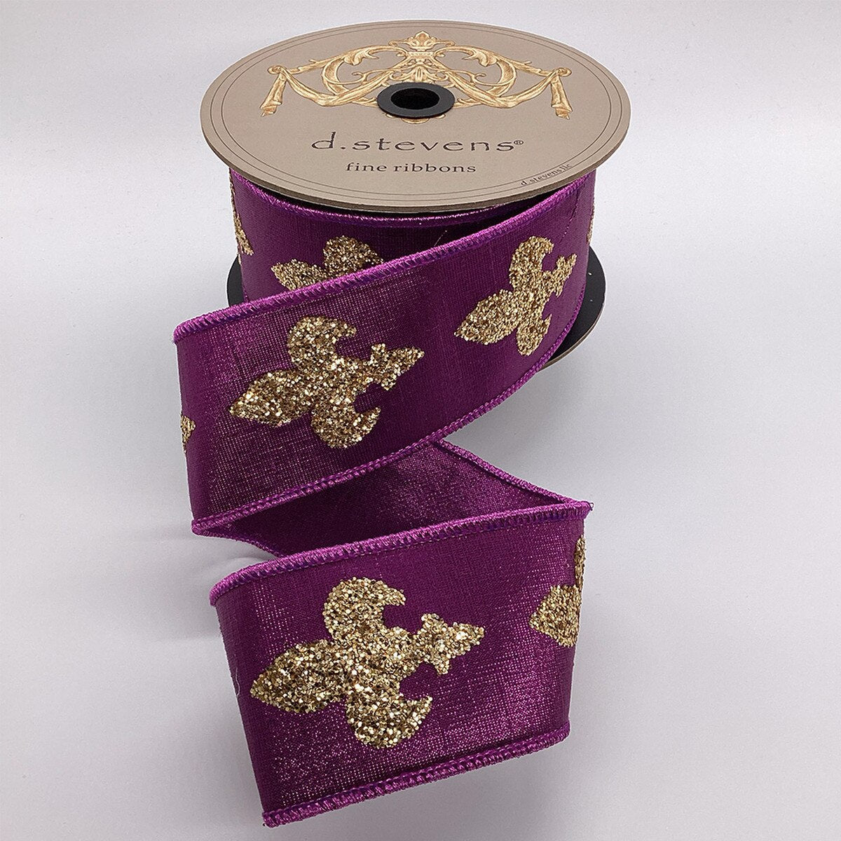 Gold Glitter Fleur De Lis Purple Ribbon 2.5 Inch x 10 Yds