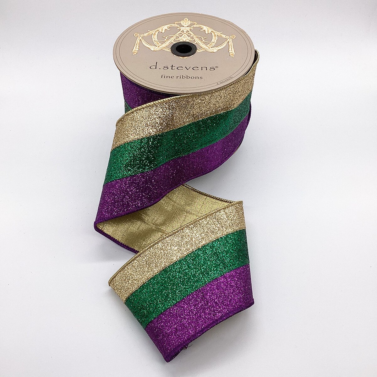 Glitter Ribbon Purple Green Gold Tri Color Stripes 4" x 10 Yds