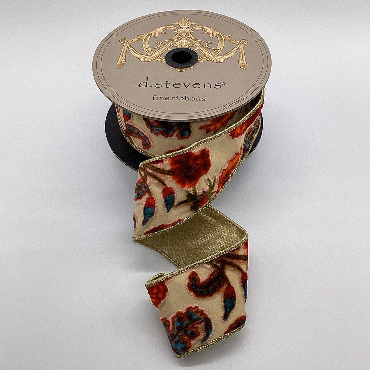 Burnt Out Velvet Floral Ribbon Cream Blue Orange 2.5" x 10 Yds