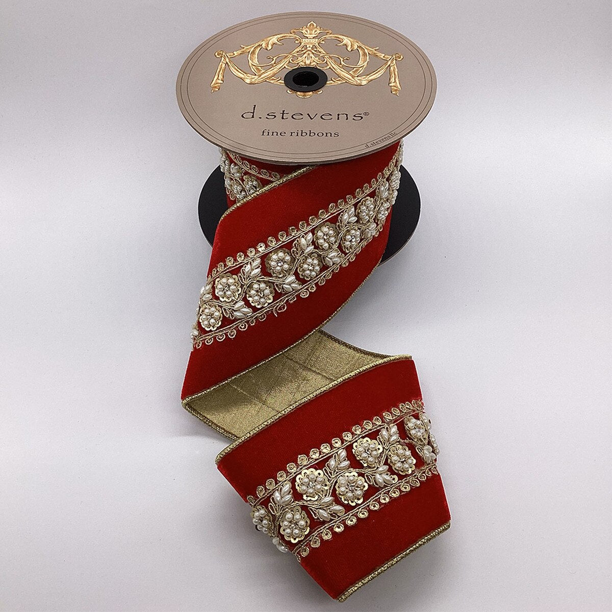 Red Ribbon Velvet Gold Sequin Pearl Center Trim 4 Inch