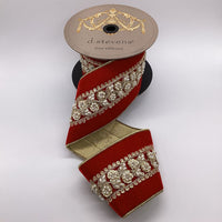 Red Ribbon Velvet Gold Sequin Pearl Center Trim 4 Inch