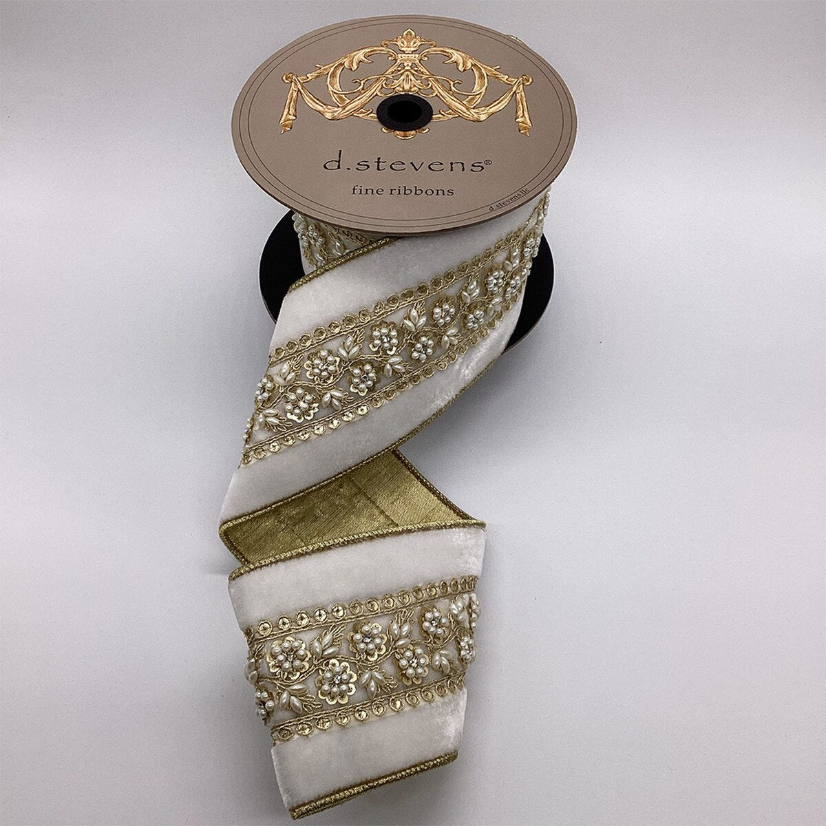 Winter White Velvet Ribbon with Gold Sequin Trim 4" x 5 Yds