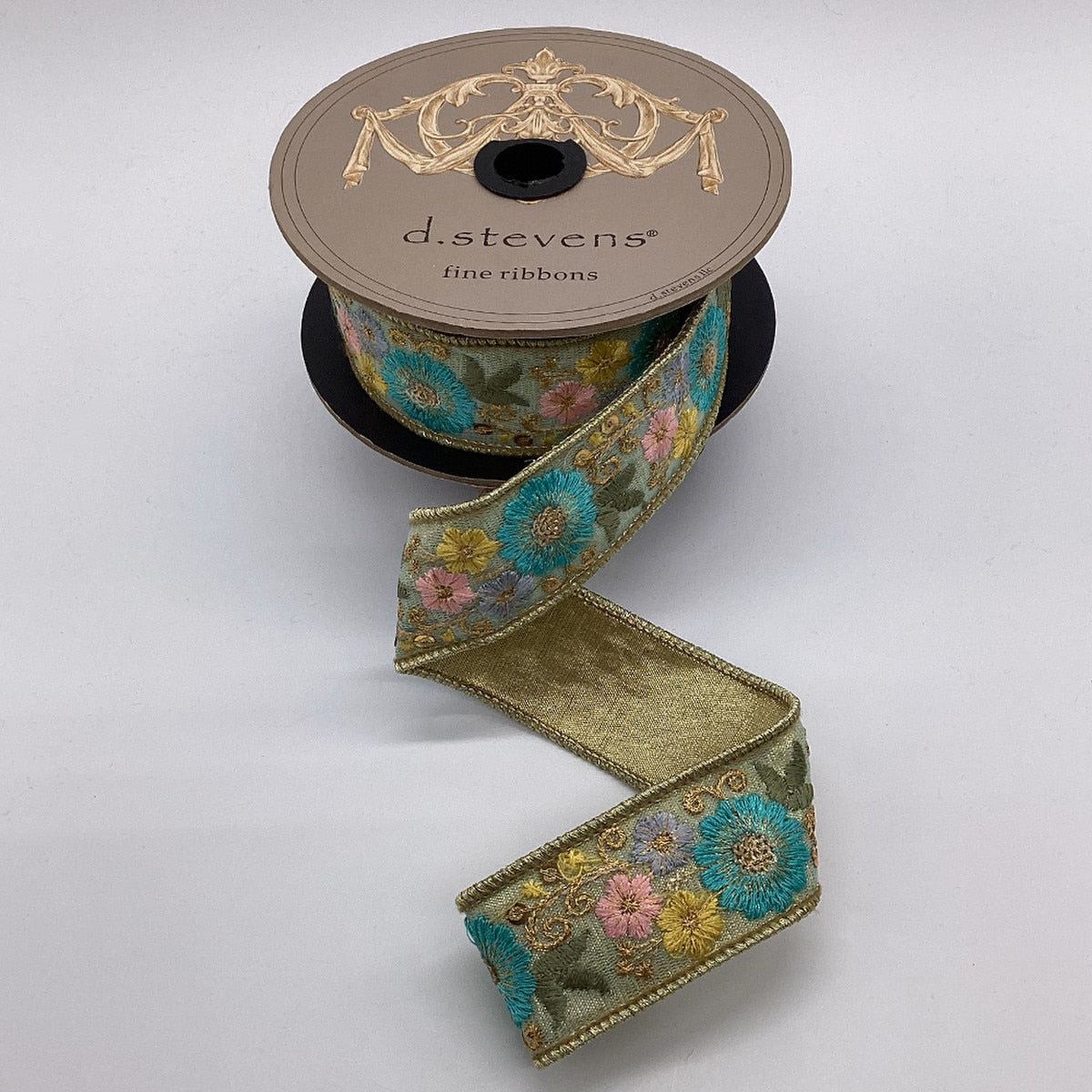 Dupion Ribbon Aqua with Teal Pink Yellow Embroidery 1.5" x 5 Yds