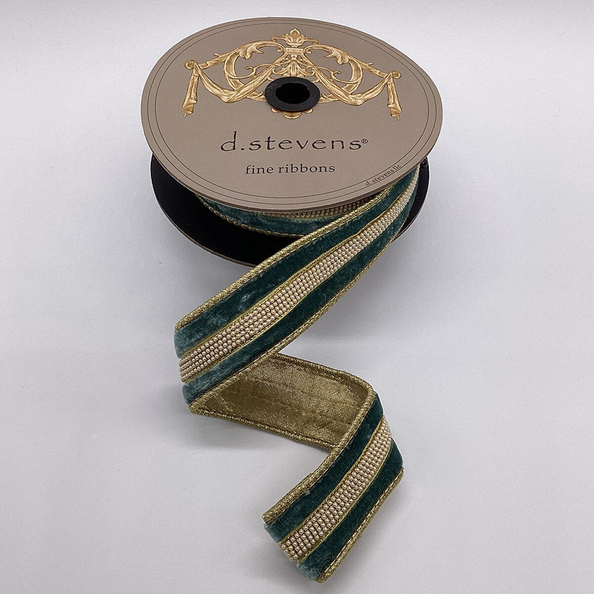 Celadon Velvet Ribbon with Small Pearl Center Trim 1.5" x 5 Yds