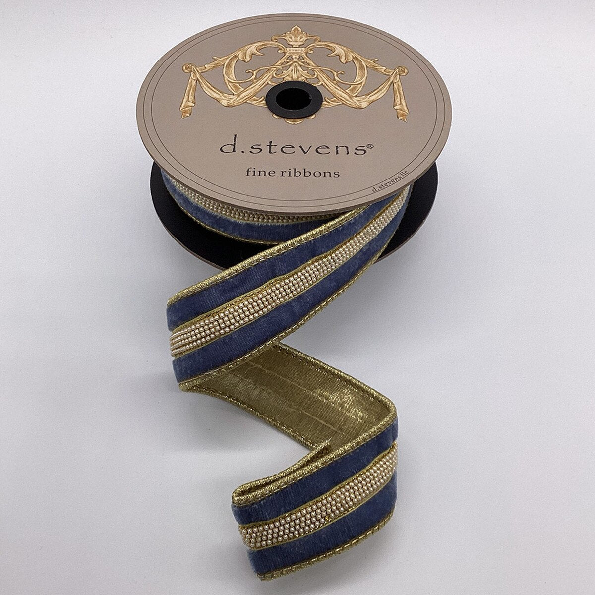 Dusty Blue Velvet Ribbon with Small Pearl Trim 1.5" x 5 Yds