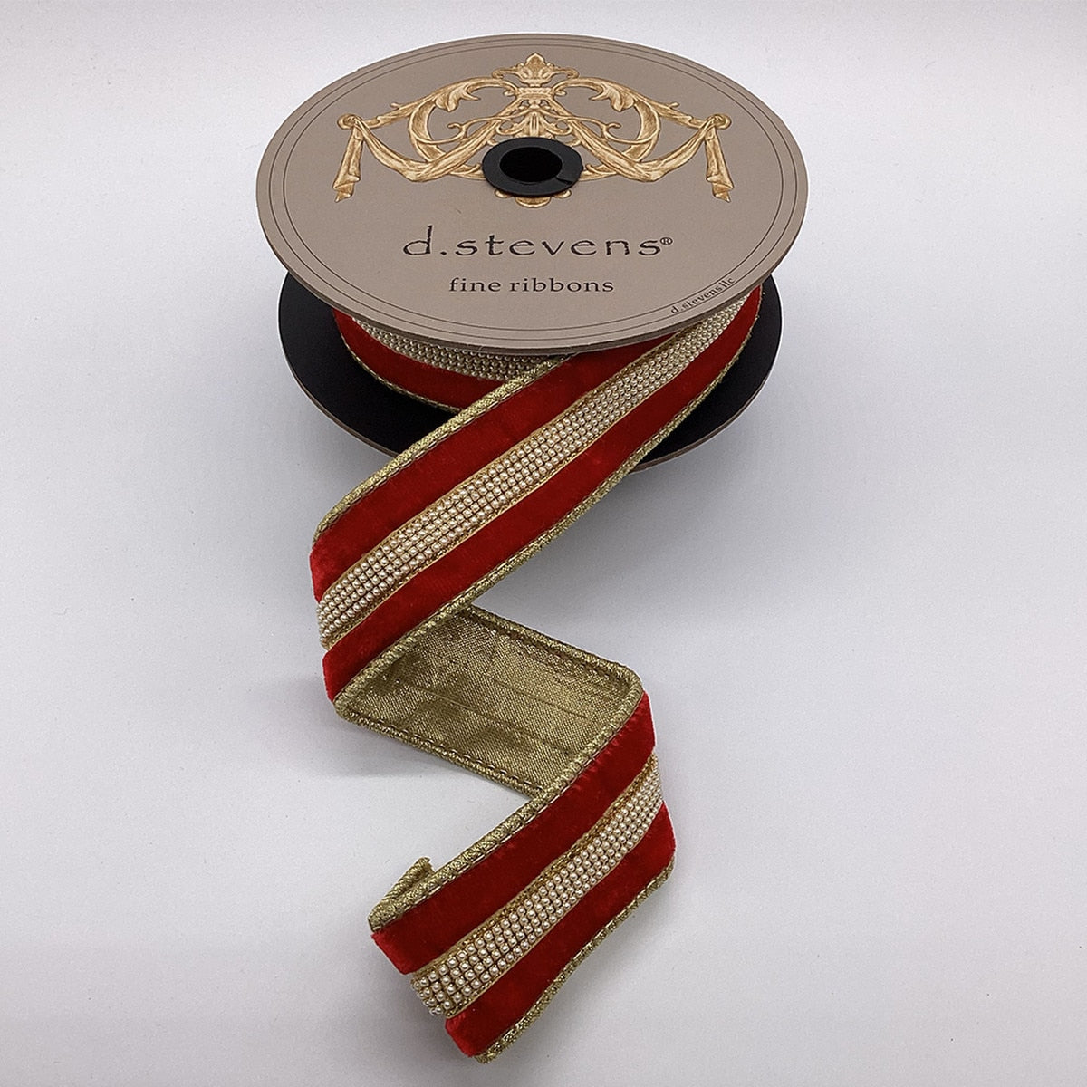 Red Velvet Ribbon with Small Pearl Center Trim 1.5" x 5 Yds