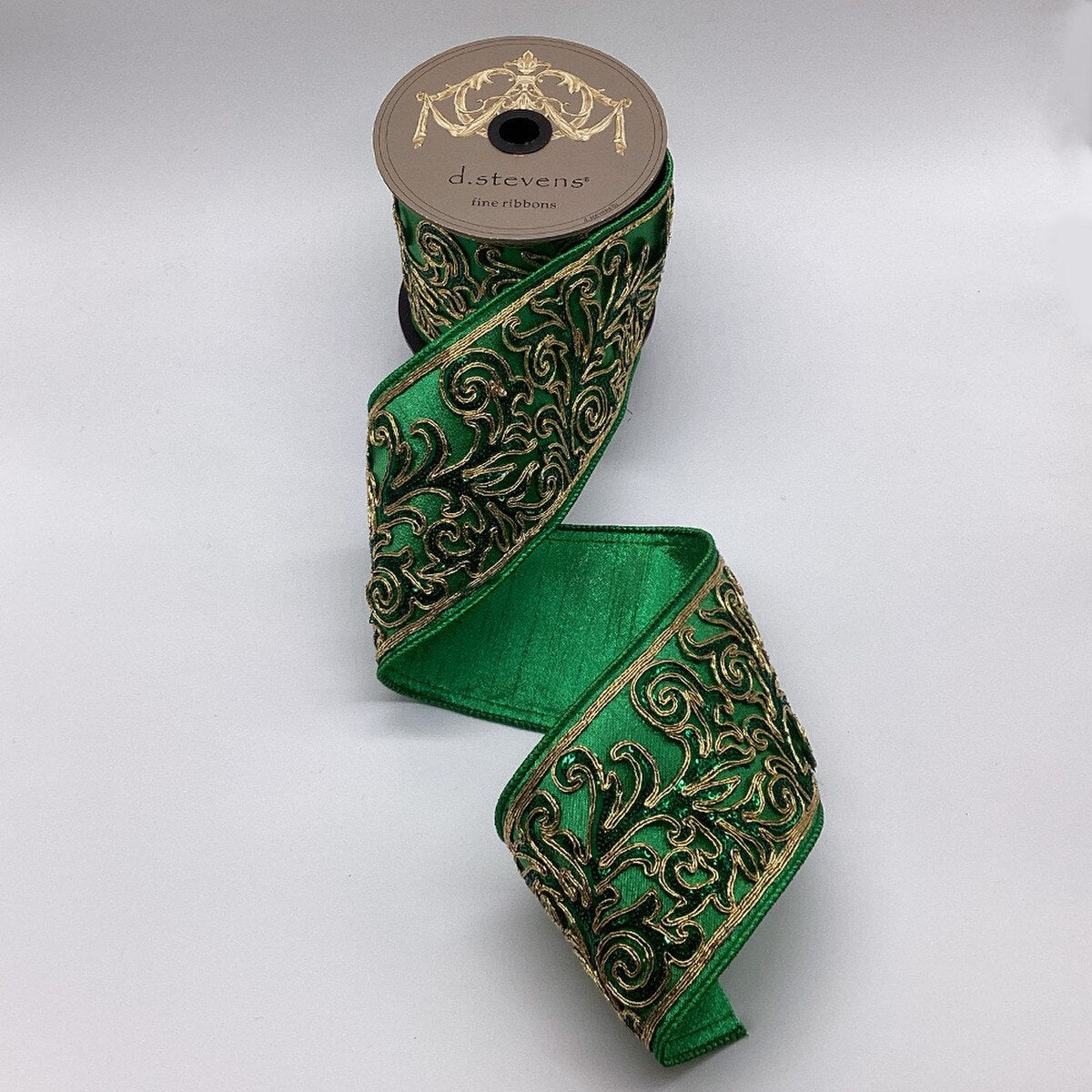 Green Metallic Dupion Sequin Acanthus Cutout Ribbon 4" x 5 Yds