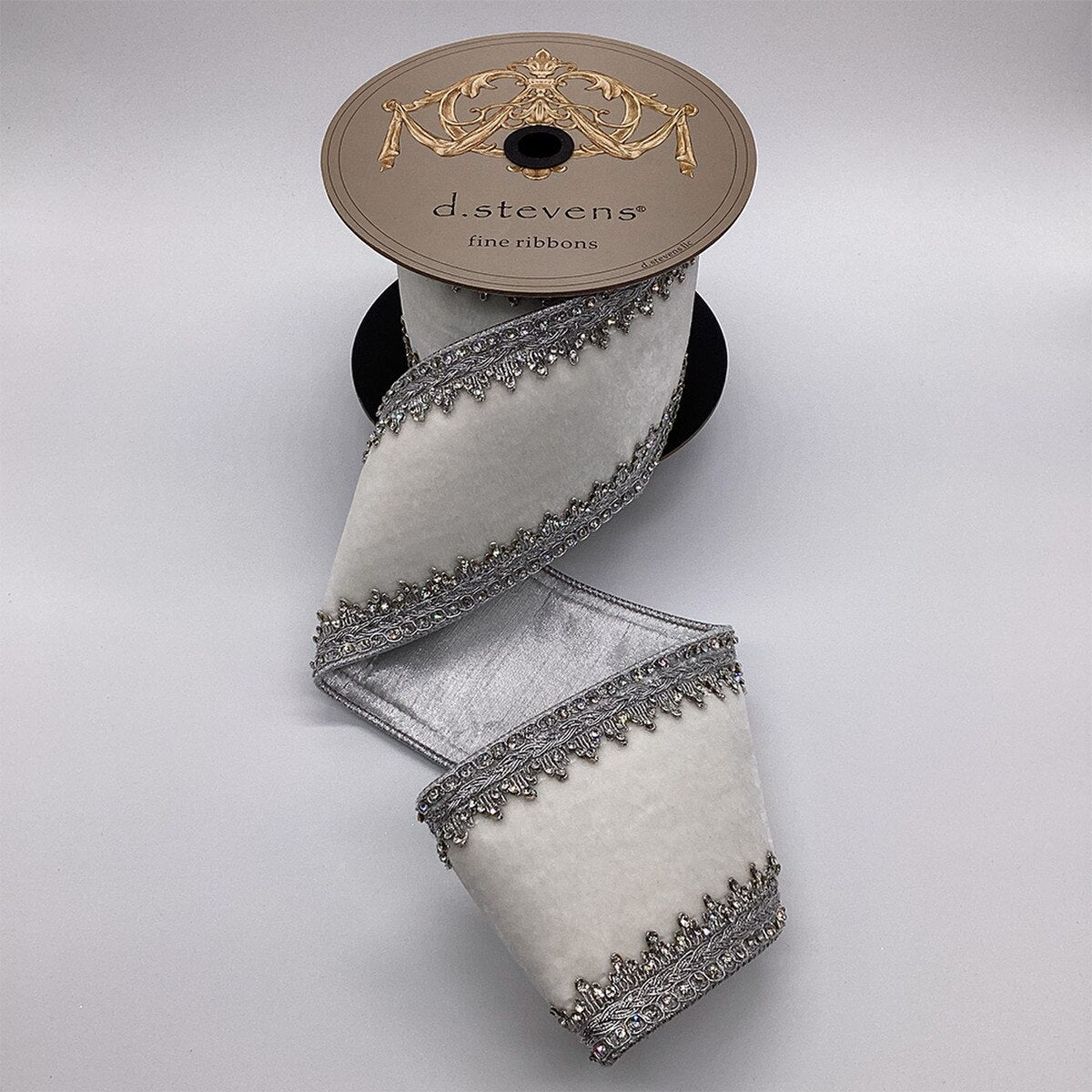 Winter White Velvet Ribbon with Silver Crystal Trim 4" x 5 Yds