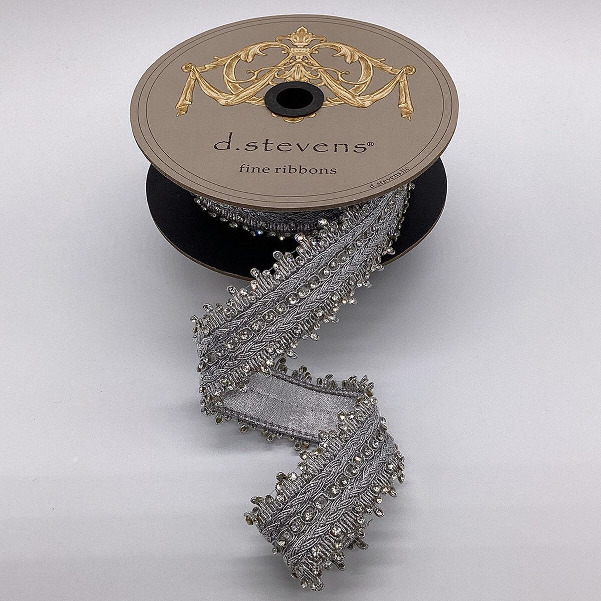 Silver Metallic Dupion Ribbon with Crystal Side Trim 1.75" x 5 Yds